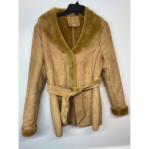 Wilsons Leather Camel Tan Faux Suede Shearling Jacket Shawl‎ Collar Belted Small